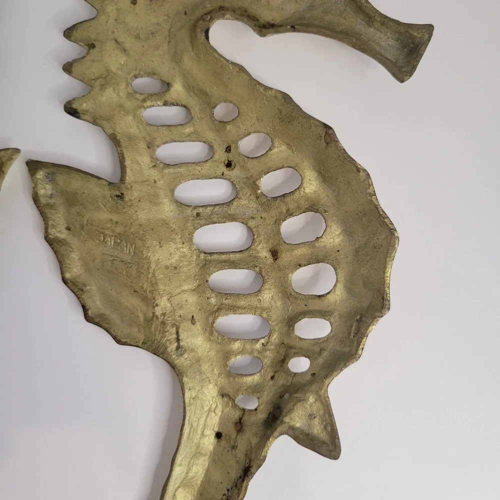 Vintage Solid Brass Sea Horse Wall Hangings Pair 14” & 12” Japan